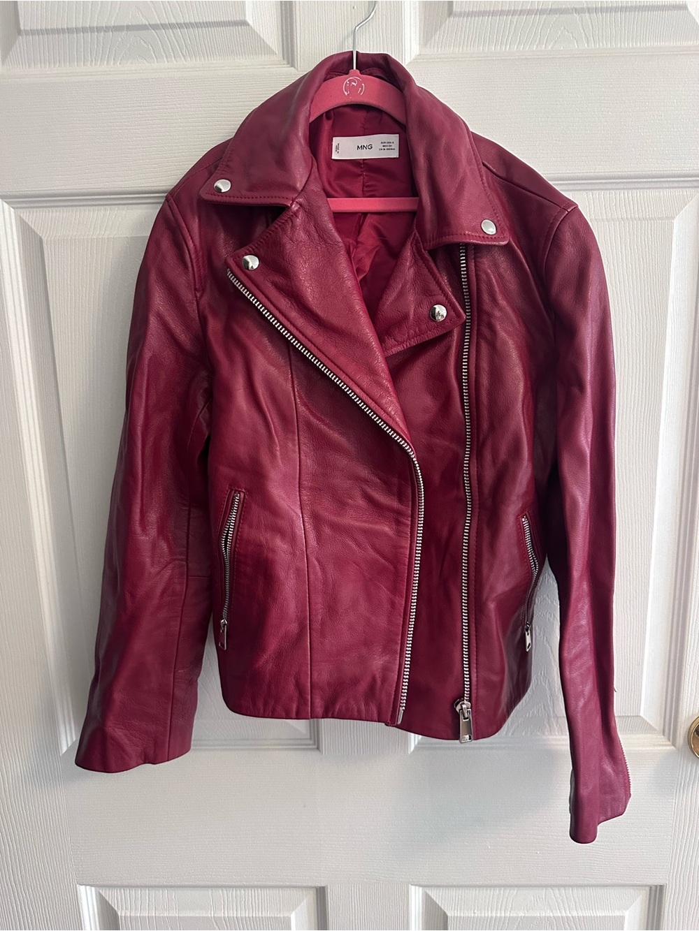 Mango Burgundy Leather Biker Jacket